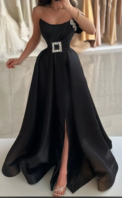 RP934-New Black A-Line One Shoulder Ruched Crystals Sleeveless Prom Evening Dresses Formal Party Gowns With Slit