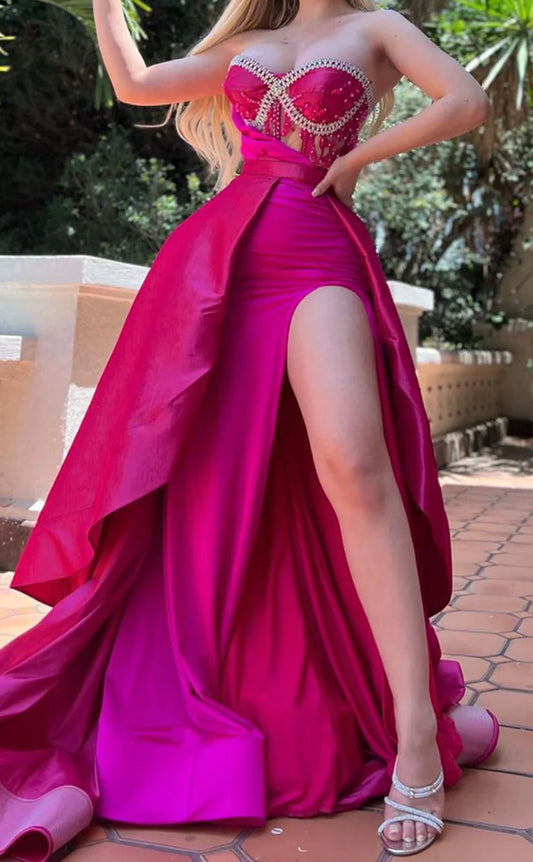 RP938-New Arrivals Fuchsia Mermaid Sweetheart Beads Ruched Sleeveless Long Prom Evening Dresses Formal Prom With Slit