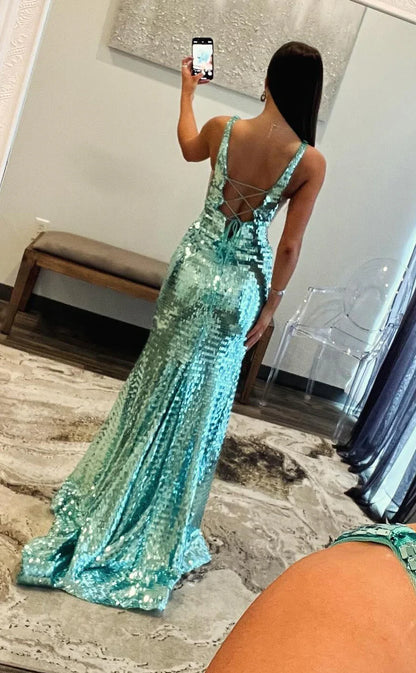 RP1953-Sparkling Mint Mermaid V-Neck Beaded Sequins Sleeveless Prom Evening Dresses Formal Party Gowns With Slit