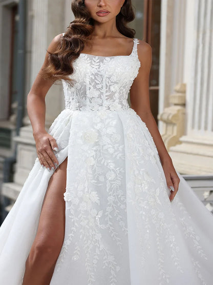 Elegant & Gorgeous A-Line Wedding Dresses Spaghetti Beads Appliqued Organza Court Train Bridal Gowns With Slit