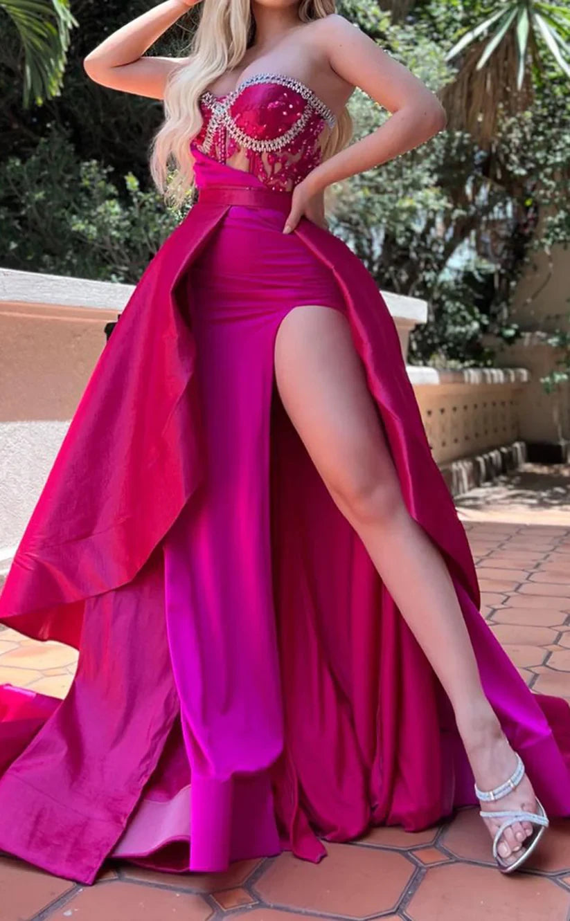 RP938-New Arrivals Fuchsia Mermaid Sweetheart Beads Ruched Sleeveless Long Prom Evening Dresses Formal Prom With Slit