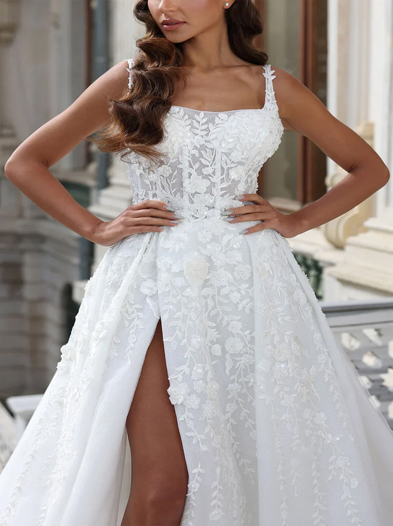 Elegant & Gorgeous A-Line Wedding Dresses Spaghetti Beads Appliqued Organza Court Train Bridal Gowns With Slit