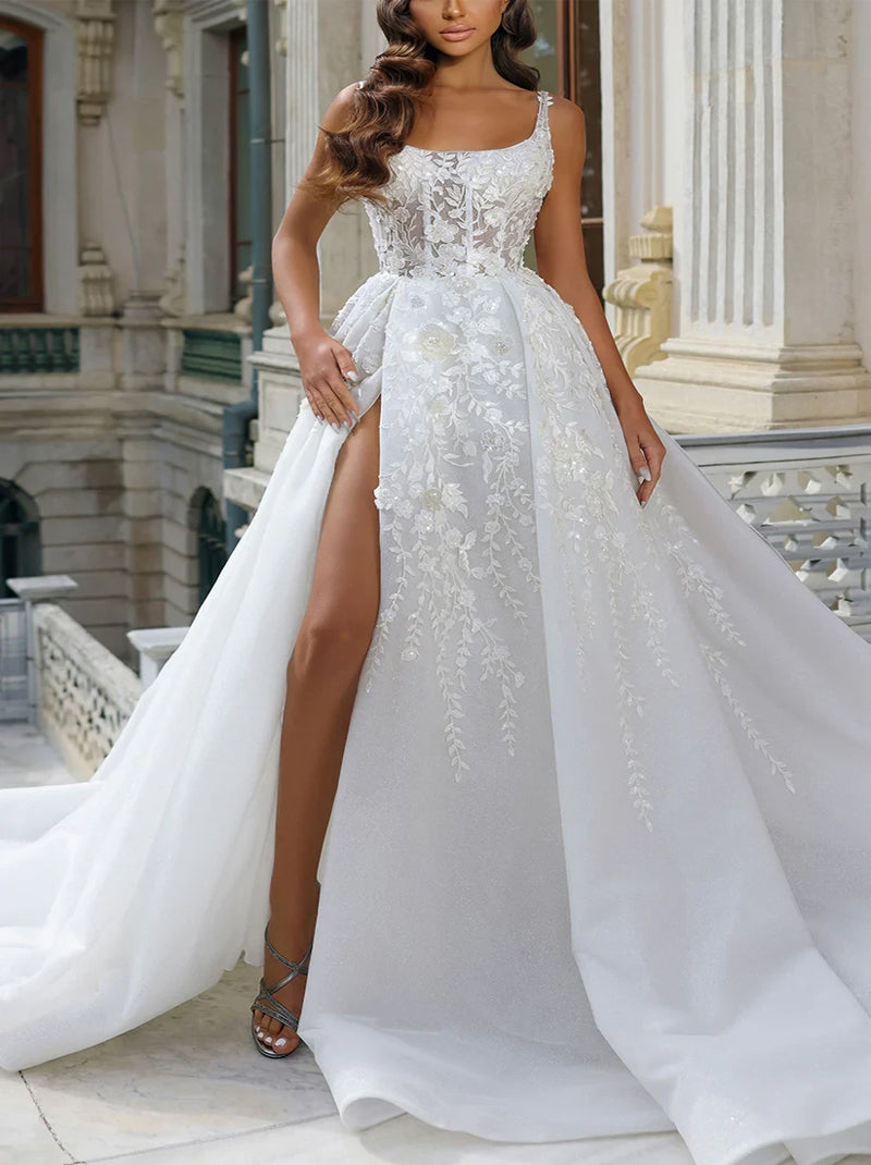 Elegant & Gorgeous A-Line Wedding Dresses Spaghetti Beads Appliqued Organza Court Train Bridal Gowns With Slit