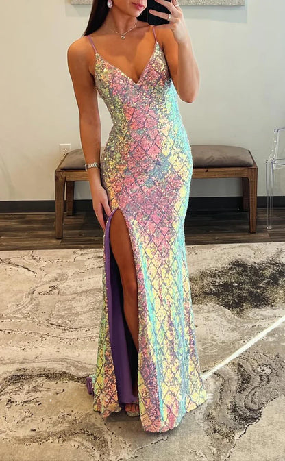 RP1952-Sparkling Colourful Mermaid Spaghetti Beaded Sequins Sleeveless Prom Evening Dresses Formal Party Gowns With Slit