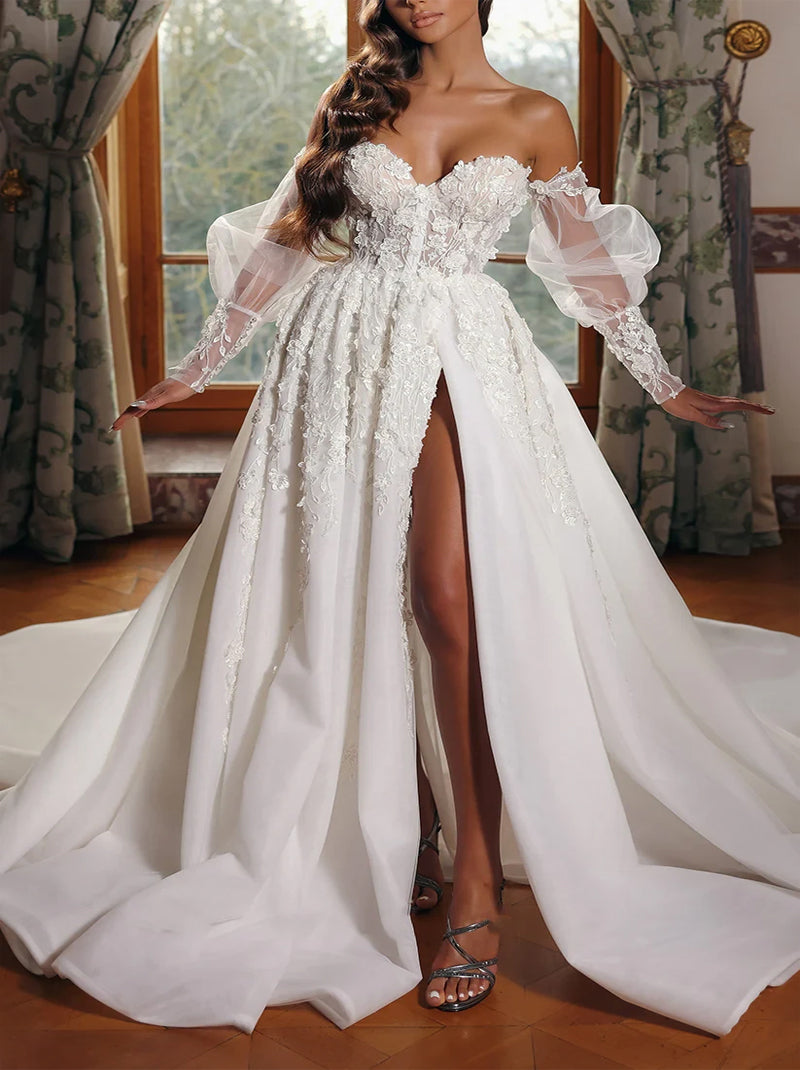 Elegant & Gorgeous A-Line Wedding Dresses Sweetheart Beads Appliqued Organza Court Train Bridal Gowns With Slit