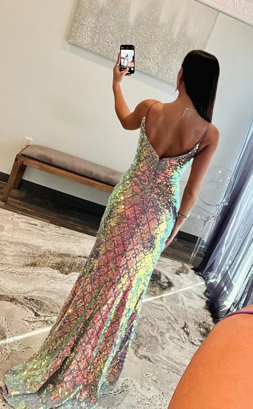 RP1952-Sparkling Colourful Mermaid Spaghetti Beaded Sequins Sleeveless Prom Evening Dresses Formal Party Gowns With Slit