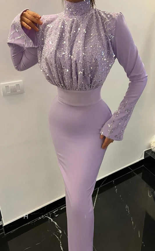 RP1955-Unique Lavender Mermaid High Neck Beaded Sequins Long Sleeves Satin Prom Evening Dresses Formal Party Gowns