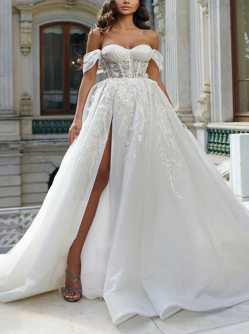 Elegant & Gorgeous A-Line Wedding Dresses Sweetheart Beads Appliqued Organza Court Train Bridal Gowns With Slit