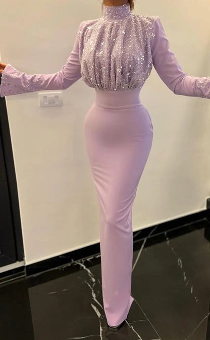 RP1955-Unique Lavender Mermaid High Neck Beaded Sequins Long Sleeves Satin Prom Evening Dresses Formal Party Gowns