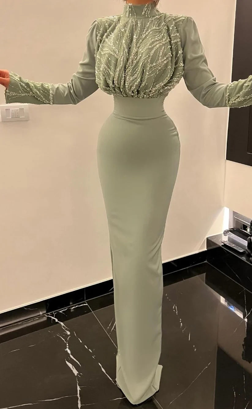 RP1955-Unique Lavender Mermaid High Neck Beaded Sequins Long Sleeves Satin Prom Evening Dresses Formal Party Gowns