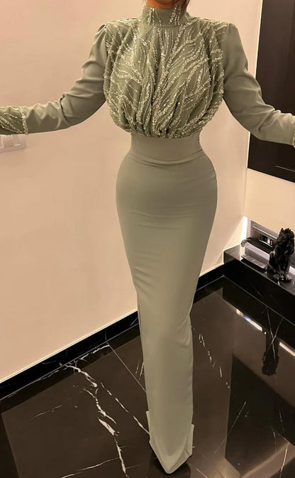RP1955-Unique Lavender Mermaid High Neck Beaded Sequins Long Sleeves Satin Prom Evening Dresses Formal Party Gowns