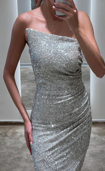 RP935-Unique & Sparkling Silver Mermaid Strapless Sequins Beads Sleeveless Long Prom Evening Dresses Formal Prom With Slit