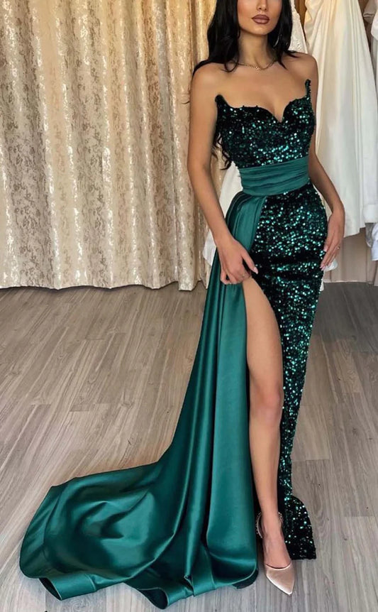 RP927-Sparkling Green Mermaid Sweetheart Sequins Sleeveless Long Prom Evening Dresses Formal Prom With Slit