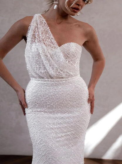 Gorgeous & Sparkling Mermaid Wedding Dresses One Shoulder Sequins Tulle Sweep Train Bridal Gowns Custom Made