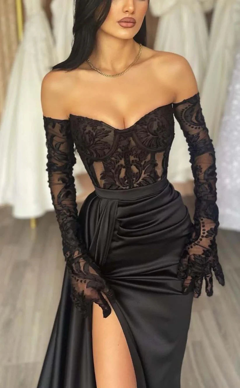 RP928-New Arrivals Black Mermaid Sweetheart Appliqued Long Sleeves Long Prom Evening Dresses Formal Prom With Slit