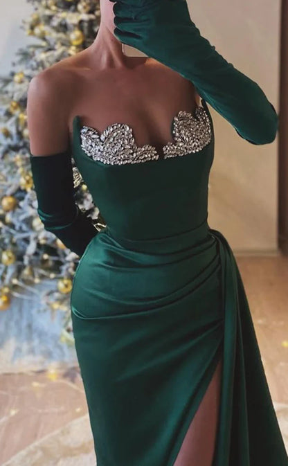 RP1964-Charming Green Mermaid Sweetheart Pleated Crystals Long Sleeves Satin Prom Evening Dresses Formal Party Gowns With Slit