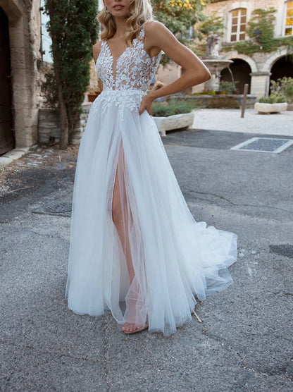 Elegant & Gorgeous A-Line Wedding Dresses V-Neck Appliqued Tulle Sweep Train Bridal Gowns With Slit