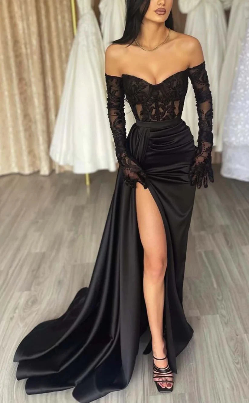RP928-New Arrivals Black Mermaid Sweetheart Appliqued Long Sleeves Long Prom Evening Dresses Formal Prom With Slit