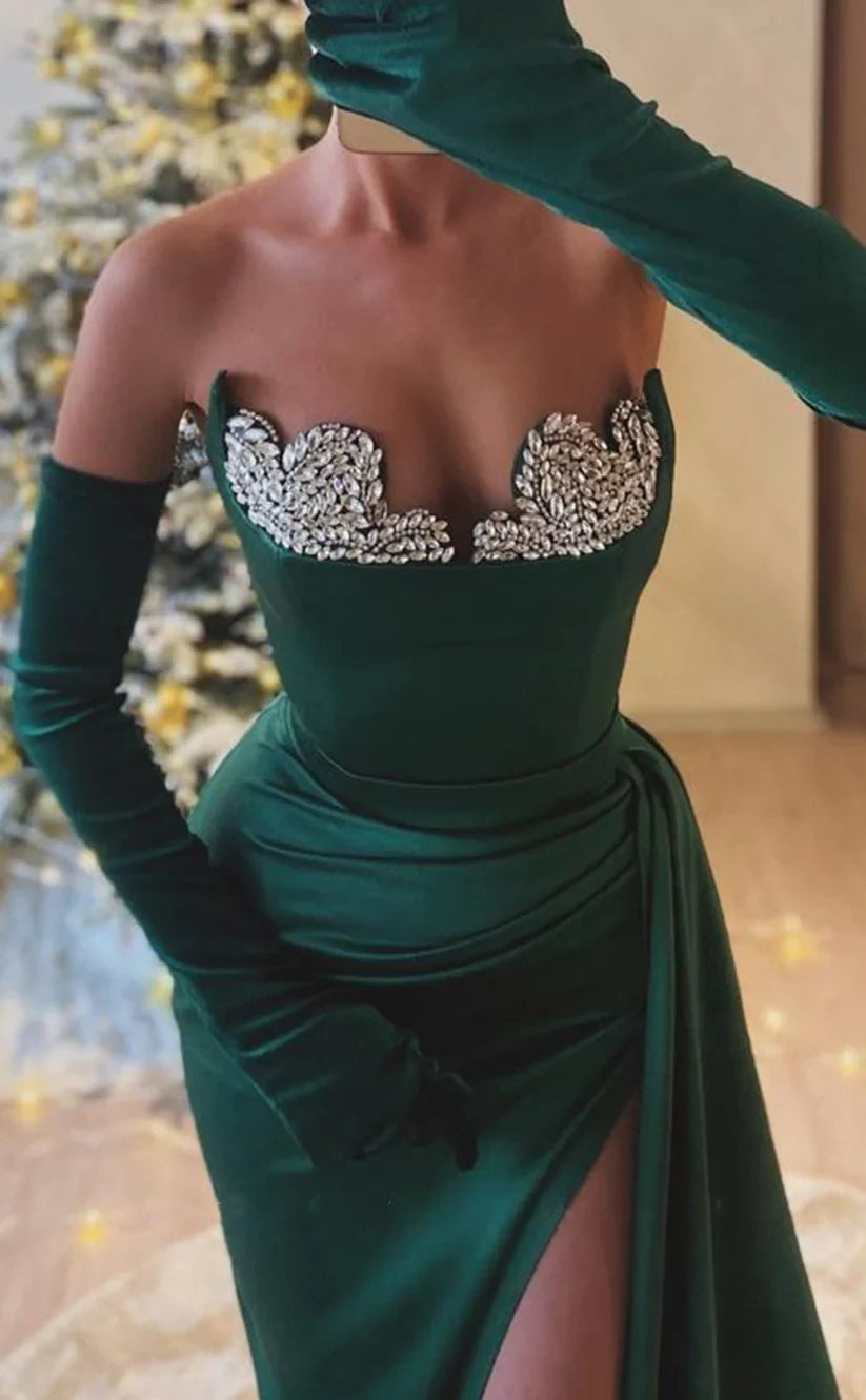 RP1964-Charming Green Mermaid Sweetheart Pleated Crystals Long Sleeves Satin Prom Evening Dresses Formal Party Gowns With Slit