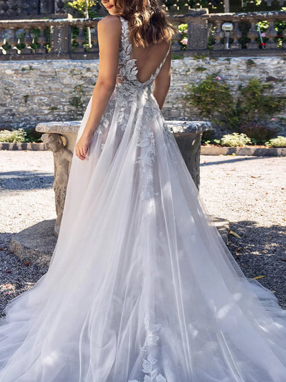 Elegant & Gorgeous A-Line Wedding Dresses V-Neck Appliqued Tulle Sweep Train Bridal Gowns With Slit