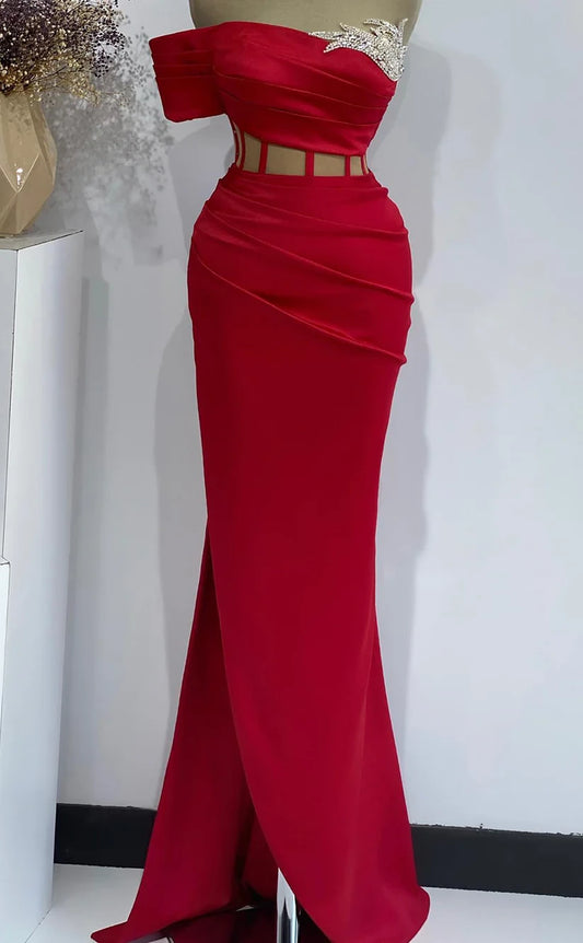 RP1957-Elegant Red Mermaid Strapless Pleated Crystals Sleeveless Satin Long Prom Evening Dresses Formal Party Gowns With Slit