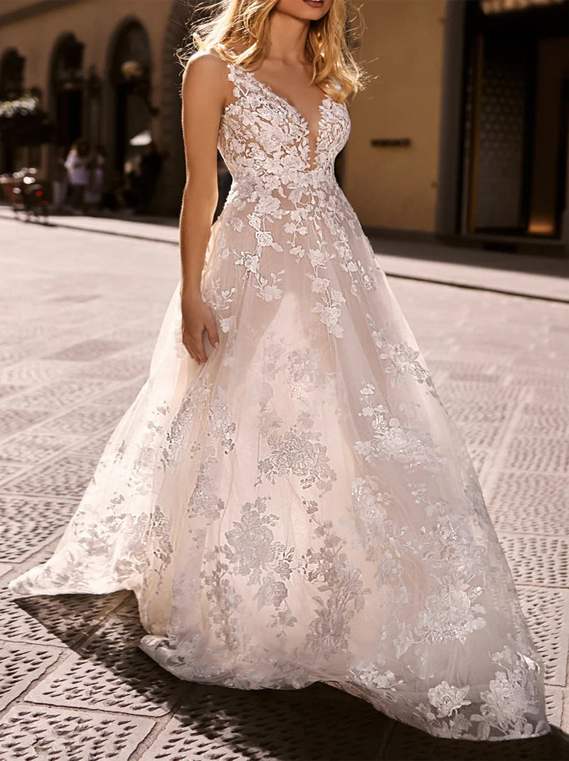 Elegant & Gorgeous A-Line Wedding Dresses V-Neck Appliqued Tulle Sweep Train Bridal Gowns