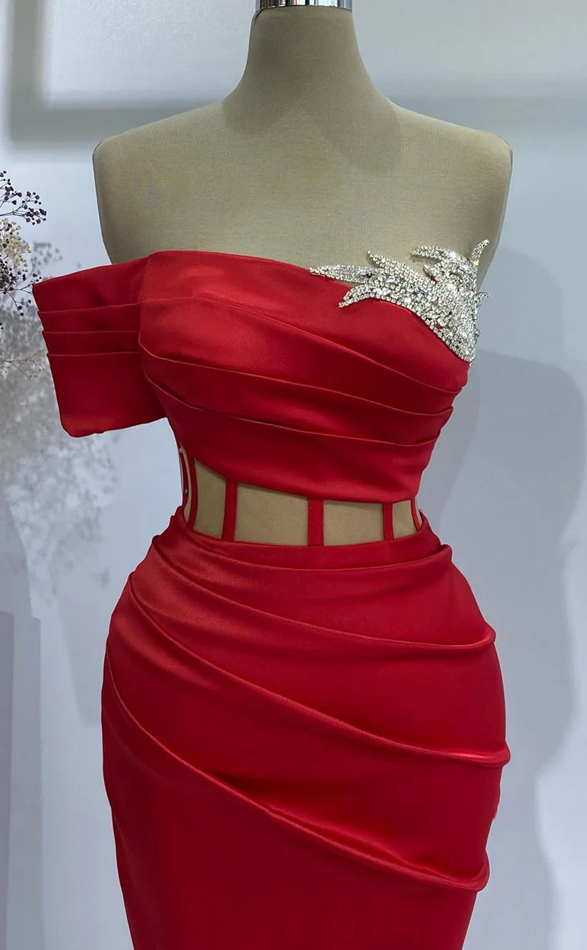 RP1957-Elegant Red Mermaid Strapless Pleated Crystals Sleeveless Satin Long Prom Evening Dresses Formal Party Gowns With Slit