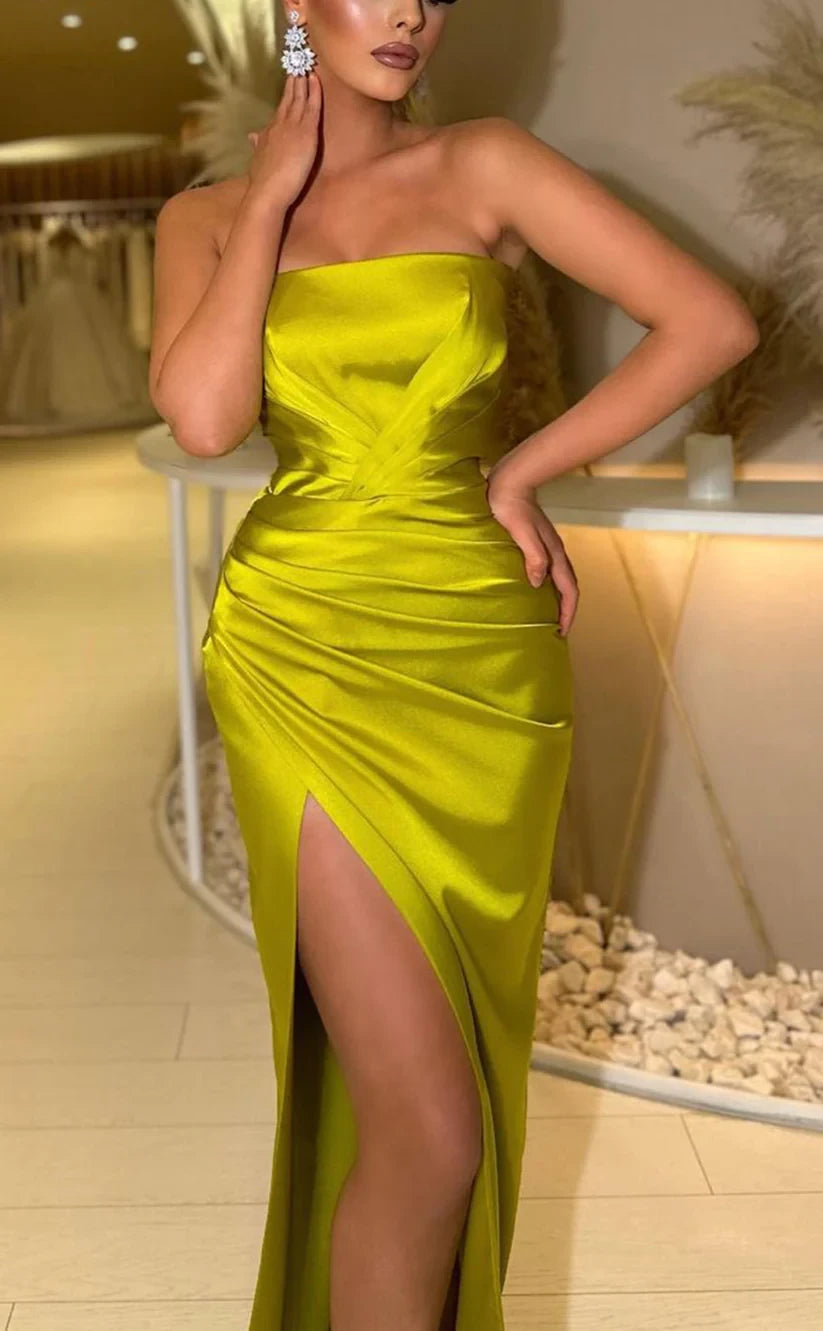 RP926-New Arrivals Mermaid Strapless Ruched Sleeveless Long Prom Evening Dresses Formal Prom With Slit