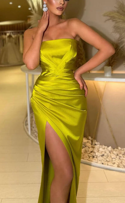 RP926-New Arrivals Mermaid Strapless Ruched Sleeveless Long Prom Evening Dresses Formal Prom With Slit