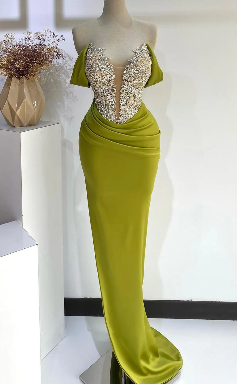 RP1959-Modern Olive  Mermaid Off-the-Shoulder Crystals Pleated Sleeveless Satin Prom Evening Dresses Formal Party Gowns With Slit