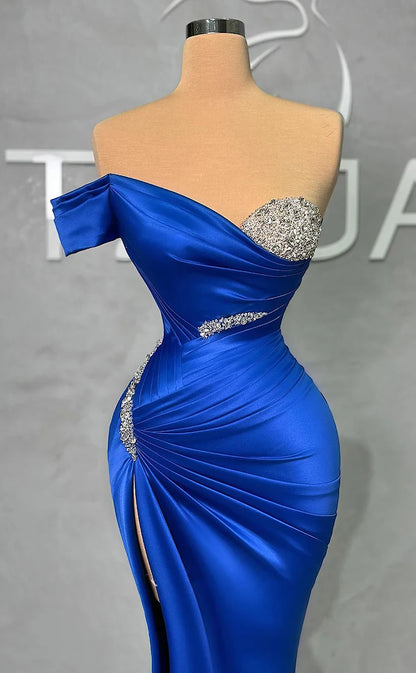 RP1958-Unique Royal Blue Mermaid One Shoulder Beaded Pleated Sleeveless Satin Prom Evening Dresses Formal Party Gowns With Slit