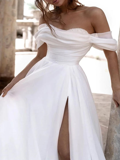 Simple A-Line Beach Wedding Dresses Off The Shoulder Pleated Beads Satin Sweep Train Bridal Gowns With Slit