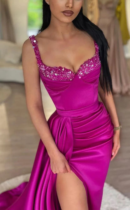 RP924-New Fuchsia Mermaid Spaghetti Beads Sequins Sleeveless Long Prom Evening Dresses Formal Party Gowns With Slit