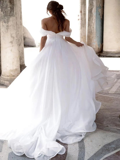 Simple A-Line Beach Wedding Dresses Off The Shoulder Pleated Beads Satin Sweep Train Bridal Gowns With Slit