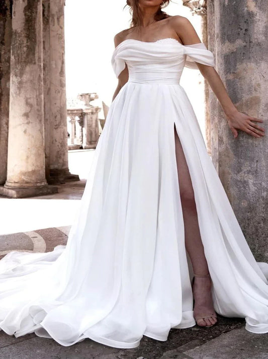 Simple A-Line Beach Wedding Dresses Off The Shoulder Pleated Beads Satin Sweep Train Bridal Gowns With Slit