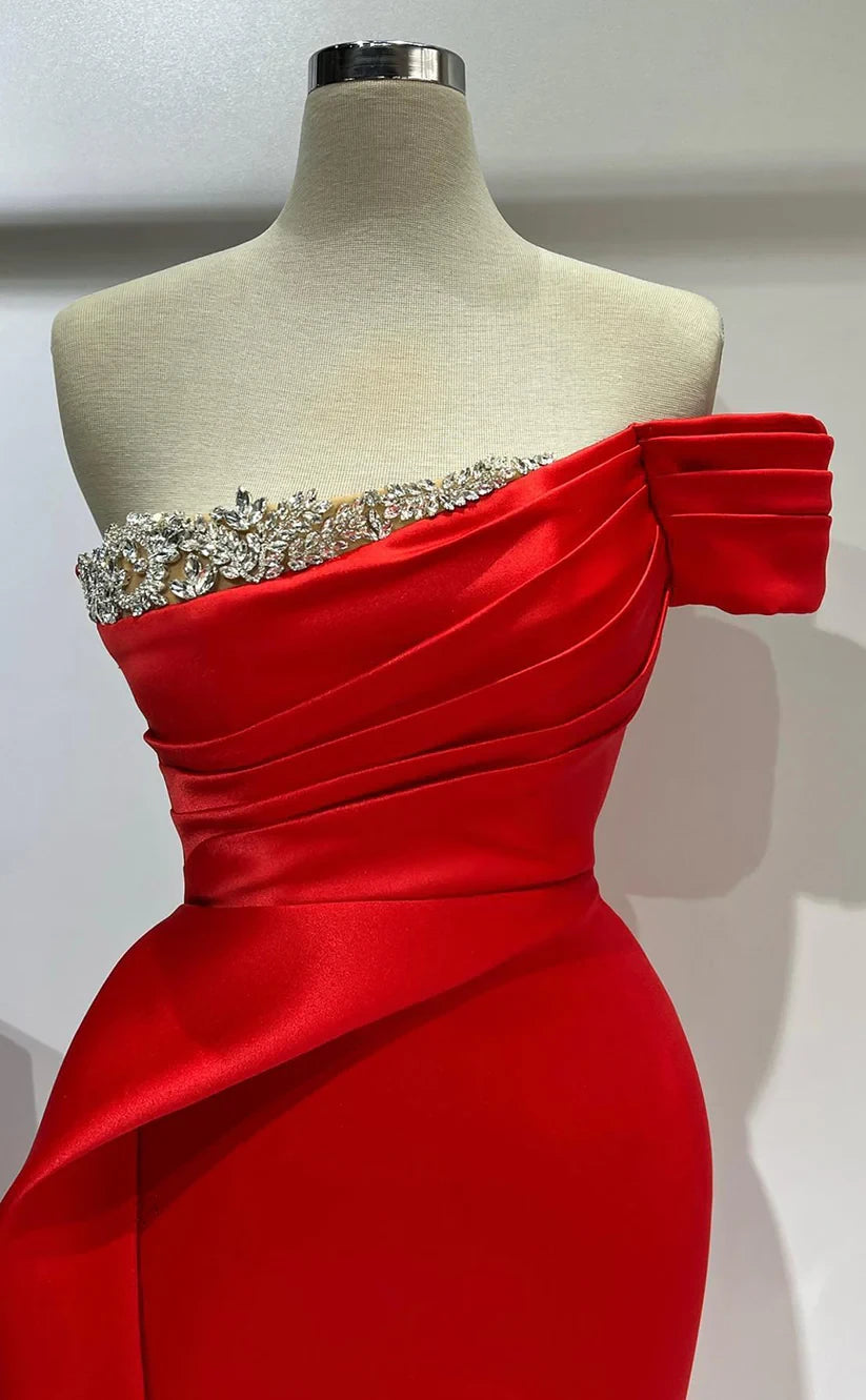 RP1961-Unique Red Mermaid One Shoulder Beaded Pleated Sleeveless Satin Prom Evening Dresses Formal Party Gowns With Slit