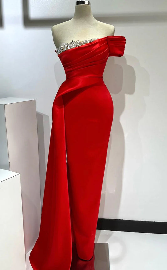 RP1961-Unique Red Mermaid One Shoulder Beaded Pleated Sleeveless Satin Prom Evening Dresses Formal Party Gowns With Slit