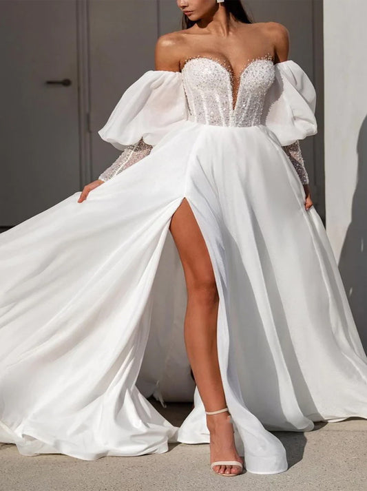 Gorgeous A-Line Beach Wedding Dresses Sweetheart Beads Puffy Sleevels Organza Sweep Train Bridal Gowns With Slit