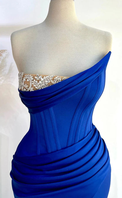 RP1962-Unique Royal Blue Mermaid Strapless Beaded Pleated Sleeveless Satin Prom Evening Dresses Formal Party Gowns With Slit