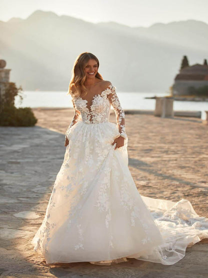 Unique & Elegant A-Line Boho Wedding Dresses Scoop Sequins Appliqued Long Sleeves Tulle Sweep Train Bridal Gowns Custom