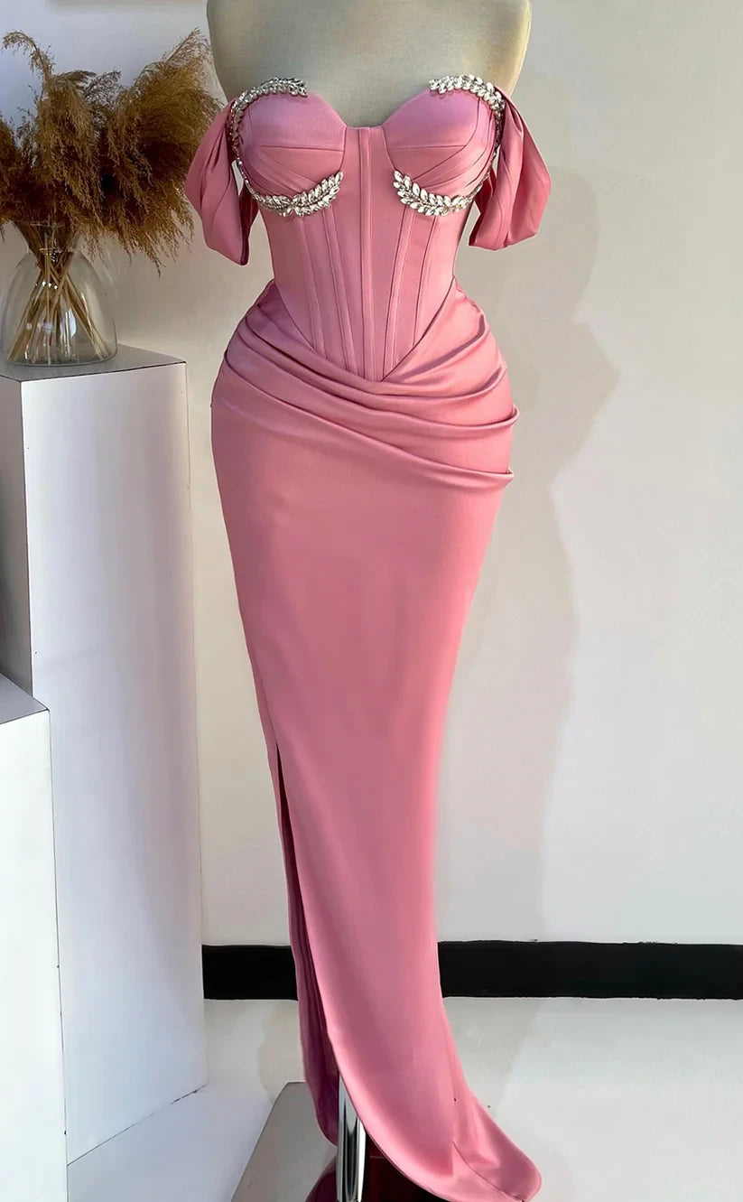 RP1934-Modern Pink Mermaid Off-the-Shoulder Crystals Pleated Sleeveless Satin Prom Evening Dresses Formal Party Gowns With Slit