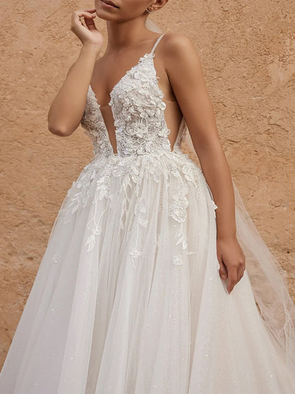 Elegant & Gorgeous A-Line Wedding Dresses Spaghetti Appliqued Beads Tulle Train Bridal Gowns Custom