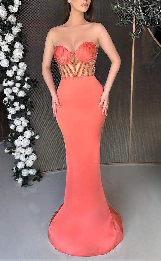 RP1935-Modern Watermelon Mermaid Sweetheart Beaded Pleated Sleeveless Satin Long Prom Evening Dresses Formal Party Gowns