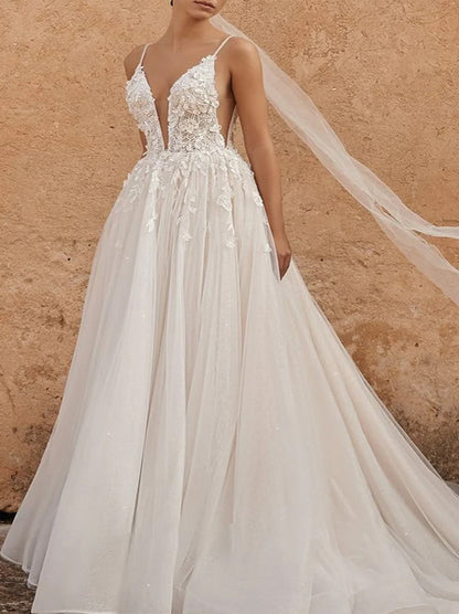 Elegant & Gorgeous A-Line Wedding Dresses Spaghetti Appliqued Beads Tulle Train Bridal Gowns Custom