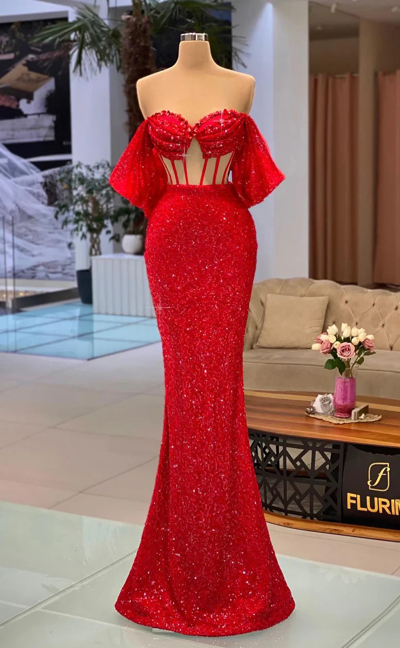 RP942-Gorgeous Red Mermaid Off-the-Shoulder Sequins Beads Cap Sleeves Long Prom Evening Dresses Formal Party Gowns