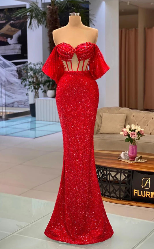 RP942-Gorgeous Red Mermaid Off-the-Shoulder Sequins Beads Cap Sleeves Long Prom Evening Dresses Formal Party Gowns