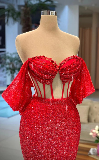 RP942-Gorgeous Red Mermaid Off-the-Shoulder Sequins Beads Cap Sleeves Long Prom Evening Dresses Formal Party Gowns