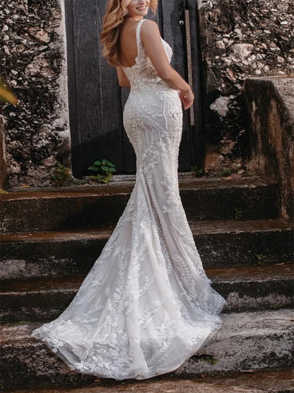 Gorgeous Mermaid Wedding Dresses Spaghetti Appliqued Beads Sleeveless Tulle Sweep Train Bridal Gowns Custom With Detachable Sweep Train