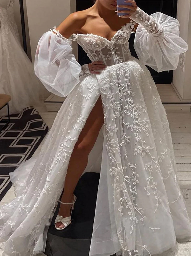 Elegant & Gorgeous A-Line Wedding Dresses Sweetheart Beads Appliqued Organza Court Train Bridal Gowns With Slit