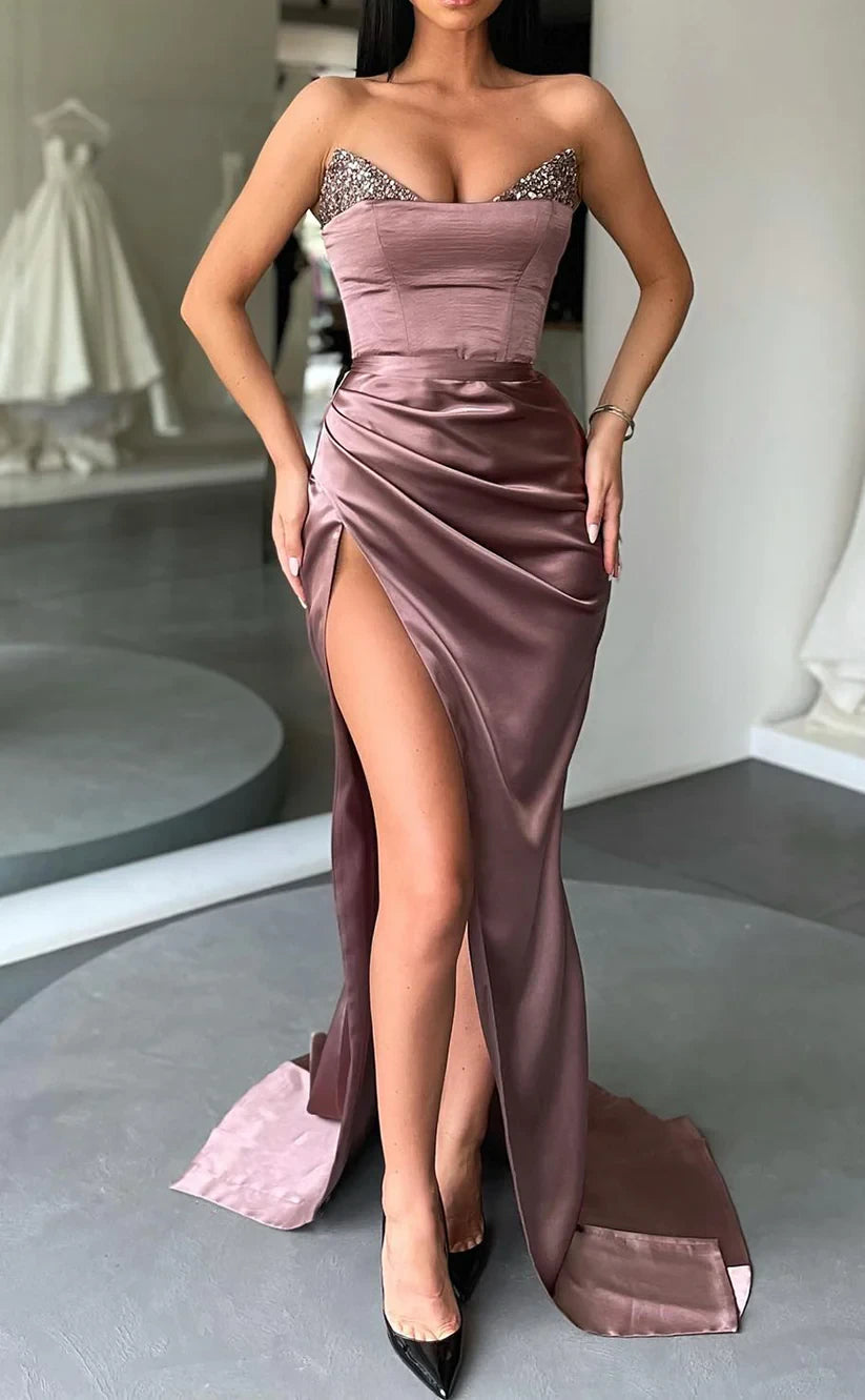 RP945-New Arrivals Brown Mermaid Sweetheart Beads Ruched Sleeveless Long Prom Evening Dresses Formal Prom With Slit